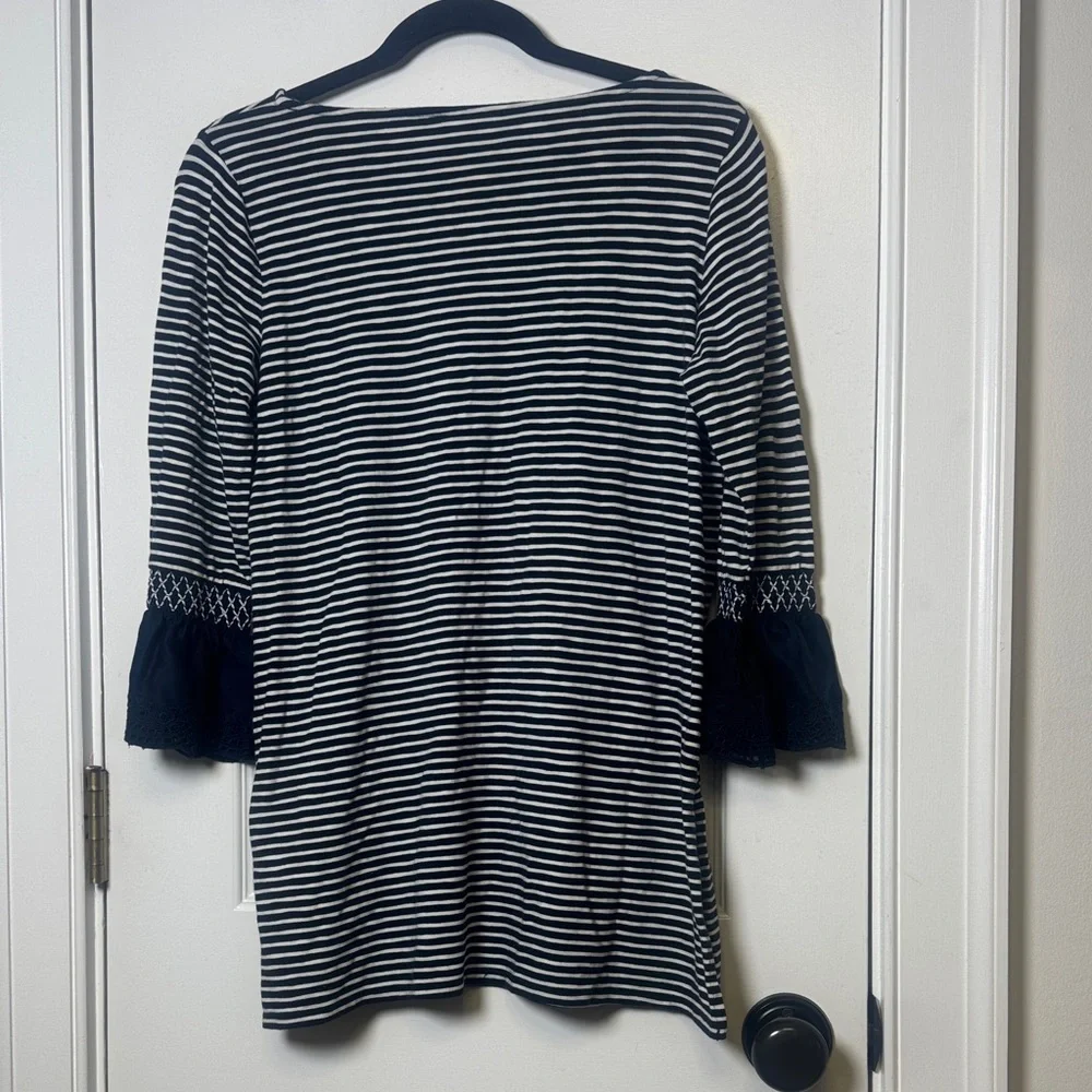J.Jill Navy Stripe Bell Sleeve Eyelet Top π Small Petite - Picture 6 of 6